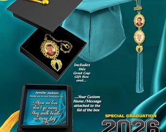 Custom 2026 Graduation Photo Charm for Tassel & Includes Keepsake Grad-Cap Shape Gift Box with Custom Message