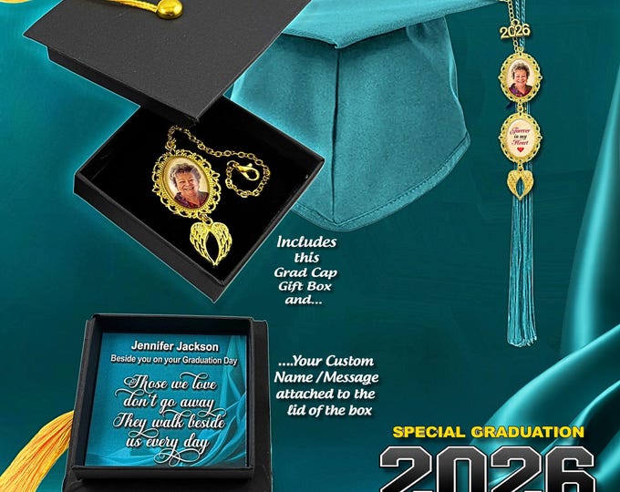 Custom 2026 Graduation Photo Charm for Tassel & Includes Keepsake Grad-Cap Shape Gift Box with Custom Message