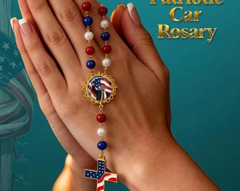 Patriotic Car Rosary – Handmade Custom Photo Rosary with American Flag Cross