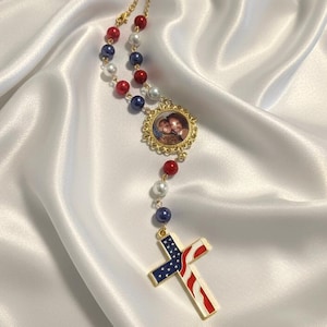 Patriotic Car Rosary – Handmade Custom Photo Rosary with American Flag Cross