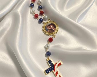 Patriotic Car Rosary – Handmade Custom Photo Rosary with American Flag Cross