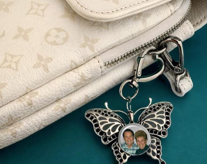 Personalized Butterfly Photo Charm Keepsake - Custom Keychain, Memorial Ornament, Wedding Bouquet and Special Gift for Family & Friends