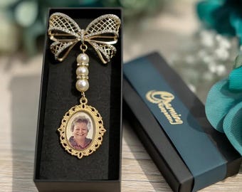 Custom Photo Wedding Bouquet Charm includes Elegant Rhinestone Studded Bow Brooch & Pearls, In Memory of Memorial Keepsake for Bride