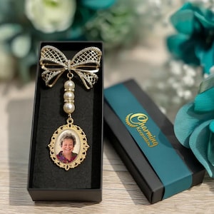 Custom Photo Wedding Bouquet Charm includes Elegant Rhinestone Studded Bow Brooch & Pearls, In Memory of Memorial Keepsake for Bride
