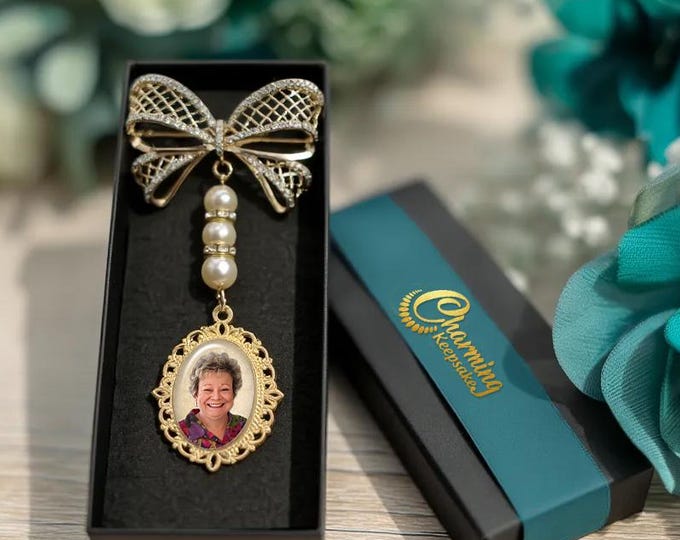 Custom Photo Wedding Bouquet Charm includes Elegant Rhinestone Studded Bow Brooch & Pearls, In Memory of Memorial Keepsake for Bride
