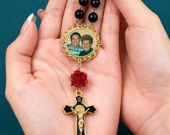 Black Custom Photo Memorial Rosary, One Decade for Travel, Car Rearview Mirrors