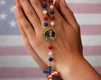 Patriotic Car Rosary – Handmade Custom Photo Rosary with American Flag Cross