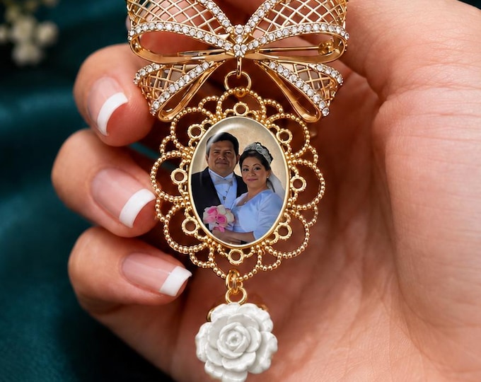 Wedding Bouquet Photo Charm with Rhinestone Bow, Personalized 1-3 Custom Portrait Memorial Keepsake Pin