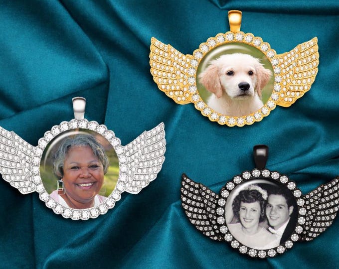 Rhinestone Custom Photo Pendant with Wings -