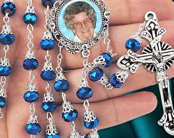 Handmade Catholic Deep Blue Crystal Picture Rosary Beads - Something Blue for Weddings, Bridal Gifts