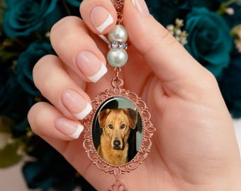 Photo Pet Memorial Pearl Bouquet Charm – Wedding Keepsake Pendant, Custom Picture Charm for Bride, Something Blue Bridal Memory Gift