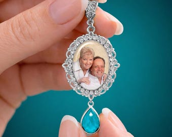 Bridal Bouquet Photo Charm – Something Blue Wedding Keepsake with Your Custom Picture