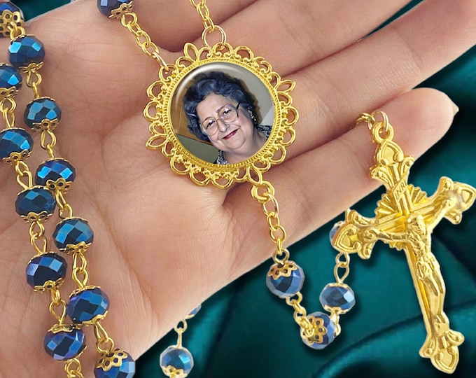 Something Blue Crystal & Gold Capped Custom Photo Rosary - Wedding, Baptism, Communion, Celebration of Life or Sympathy Gift