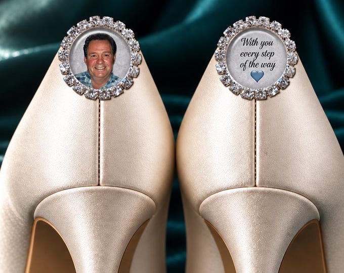 Custom Photo Bridal Shoe Charms, Rhinestone Wedding Memorial Keepsake, Walk with Me Down the Aisle, Set of 2