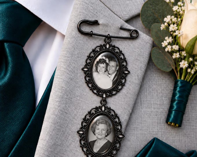 Personalized Photo Filigree Kilt Pin | Memorial Boutonniere & Bridal Bouquet Charm