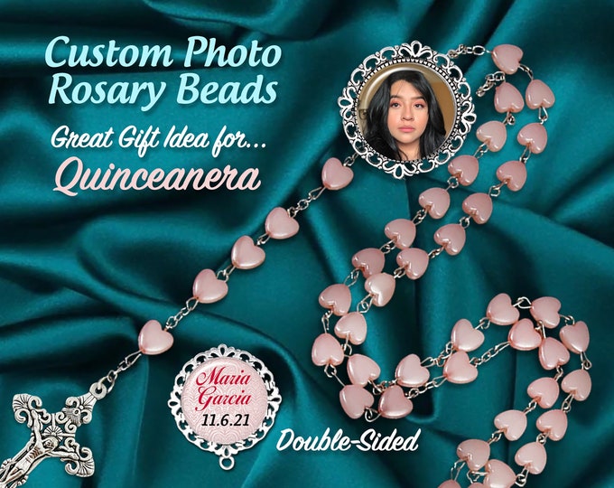Quinceanera or Communion Pink Heart Rosary, Personalized Photo Rosary Beads, Anniversary, Custom Made with Your Picture, In memory of
