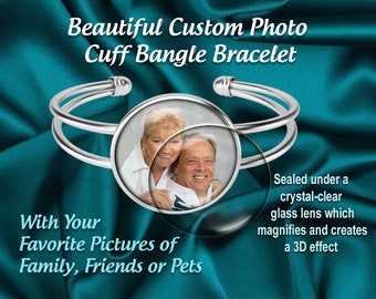 Custom Personalized Photo Cuff Bangle Bracelet – Memory Jewelry, Gifts for Mom, Wife, Girlfriend, Grandma, Aunt, Godmother, Niece, New Baby