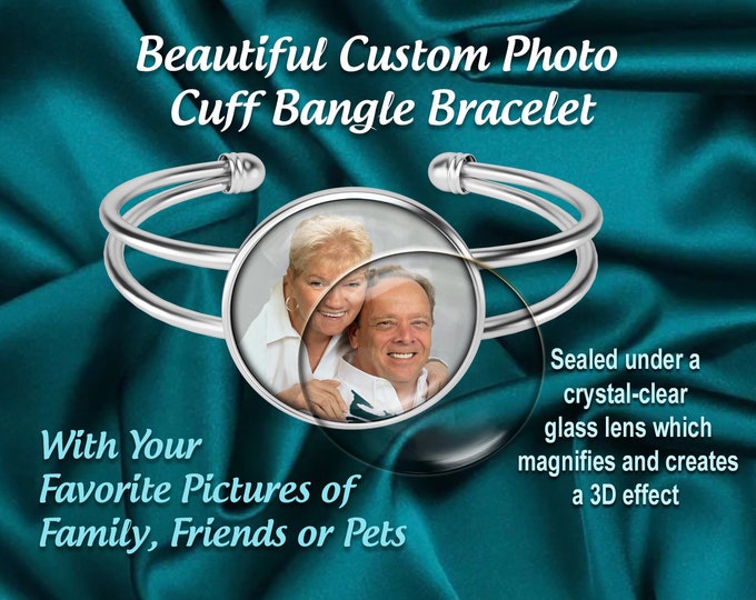 Custom Personalized Photo Cuff Bangle Bracelet – Memory Jewelry, Gifts for Mom, Wife, Girlfriend, Grandma, Aunt, Godmother, Niece, New Baby