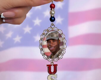 Large Patriotic Custom Photo Charm Ornament – Personalized Tribute Keepsake