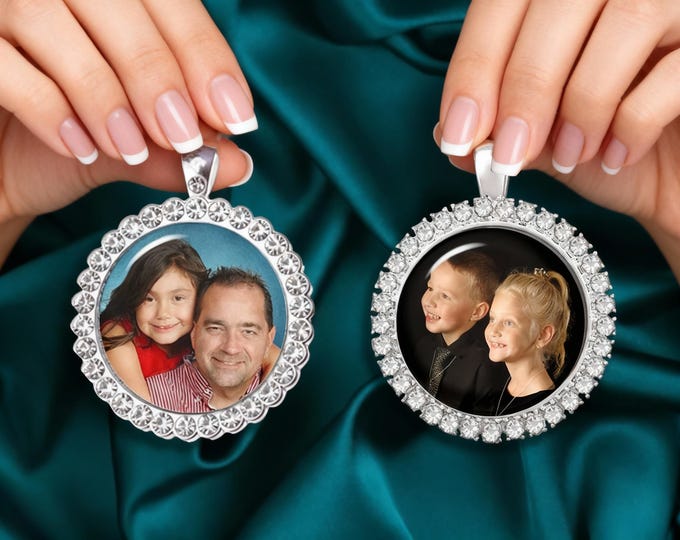 Rhinestone Custom Photo Charm, Display Frame, Necklace, Remembrance Photo Keepsake, Memorial for Bride Bouquet