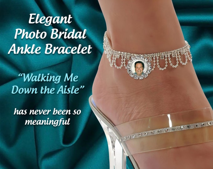Bridal Custom Photo Anklet, Rhinestone Austrian Crystal Adjustable Ankle Bracelet Personalized with your Picture, Something Blue for Bride