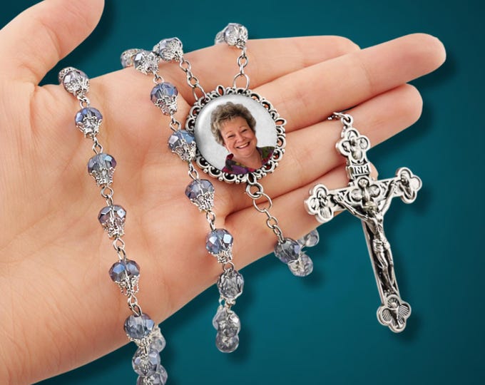 Custom Photo Rosary with Light Blue Crystal Beads - Catholic Memorial Keepsake