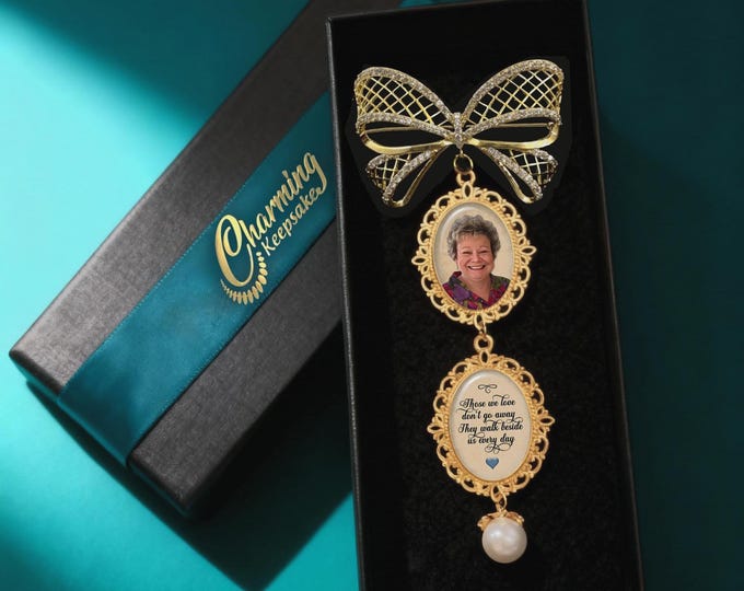Custom Double Photo Bouquet Charm with Rhinestone Bow, Personalized with your Picture, Remembrance Memorial Keepsake Bride, Bridal Shower