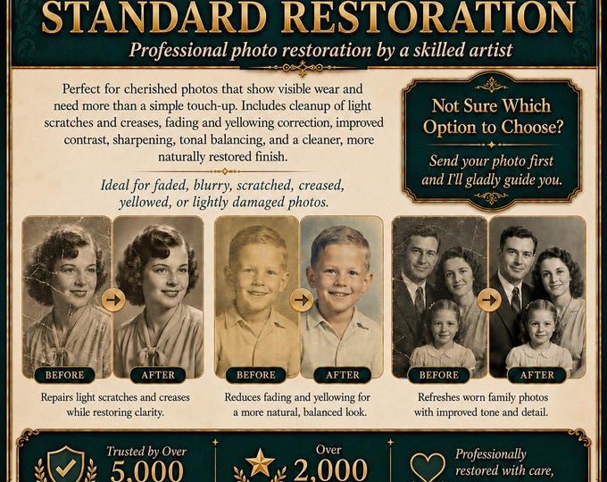 Standard Photo Restoration Service, Digital Old Photo Repair, Faded Scratched Creased Photo Fix, Printable Restored Photo