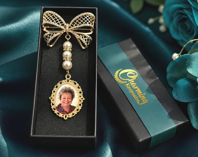 Custom Photo Wedding Bouquet Charm includes Elegant Rhinestone Studded Bow Brooch & Pearls, In Memory of Memorial Keepsake for Bride