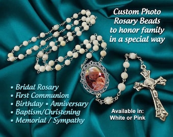 WHITE Custom Photo Rosary Beads, Gifts for Wedding, Communion, Memorial Remembrance Rosaries, Bereavement, Sympathy Acknowledgement