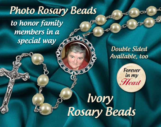 Remembrance Photo Rosary Beads Using Your Picture, Luxurious CREAM -Silver Crowns,  for Quinceañeras, Sacraments, Memorials