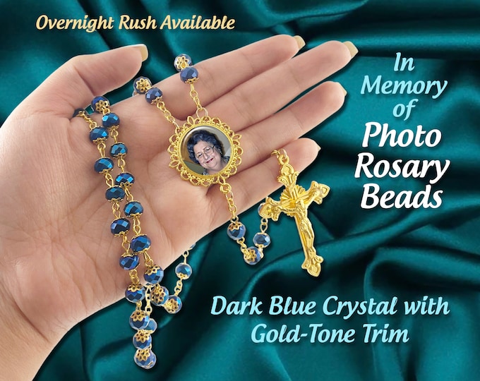 Blue Crystal Gold Capped Photo Rosary Beads for Wedding, Baptism, Communion, Confirmation, Quinceañera, Celebration of Life or Sympathy Gift