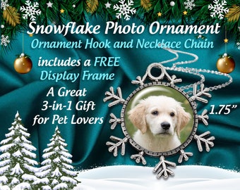 SPECIAL 3 Gifts in One -Personalized Pet Snowflake Photo CHRISTMAS Ornament with FREE Necklace Chain & Floating Display  Frame Gift Boxed