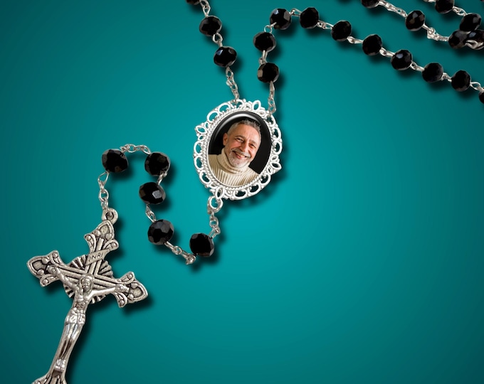 Black Crystal Custom Photo Rosary Beads - Sympathy Gift, Memorial Remembrance, Catholic Prayer Beads
