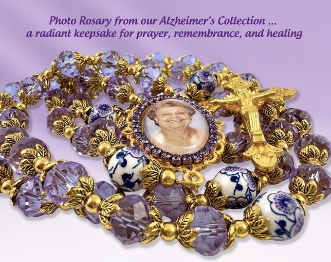 Personalized Photo Rosary – Honoring Your Loved One with Purple Crystal Beads & Gold Crucifix Memorial Gift and for Alzheimer's Awareness