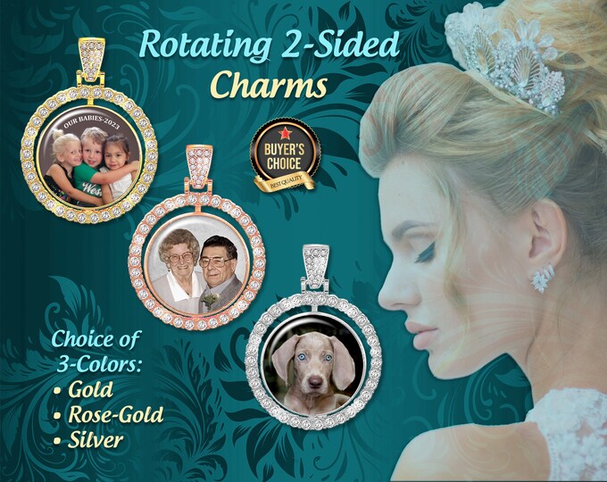 Custom Photo Bouquet Charm with 2 Sides, Rotates to Showoff Your Picture & Sentiment, In Memory Of Loved Ones for Your Special Day