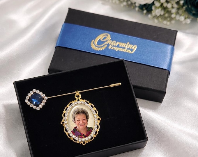 Something Blue Rhinestone Stick Pin with Custom Photo Charm - Bridal Memorial Keepsake Memory Brooch
