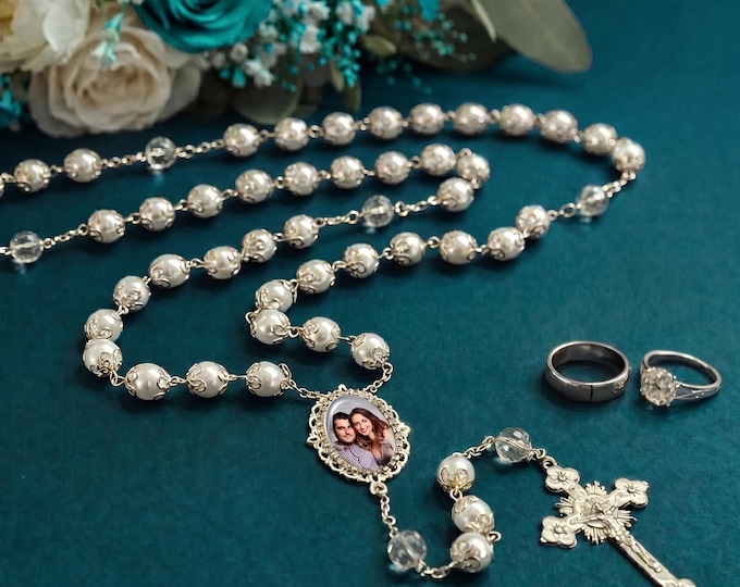 Luxurious Catholic Wedding Rosary with Your Photo White Glass Pearl Beads Handcrafted - Family Heirloom Keepsake Gift for Bride and Groom