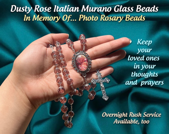 Dusty Rose Murano Photo Rosary Beads Personalized with Your Picture for Quinceanera, Anniversary, Memorial Remembrance, Celebration of Life
