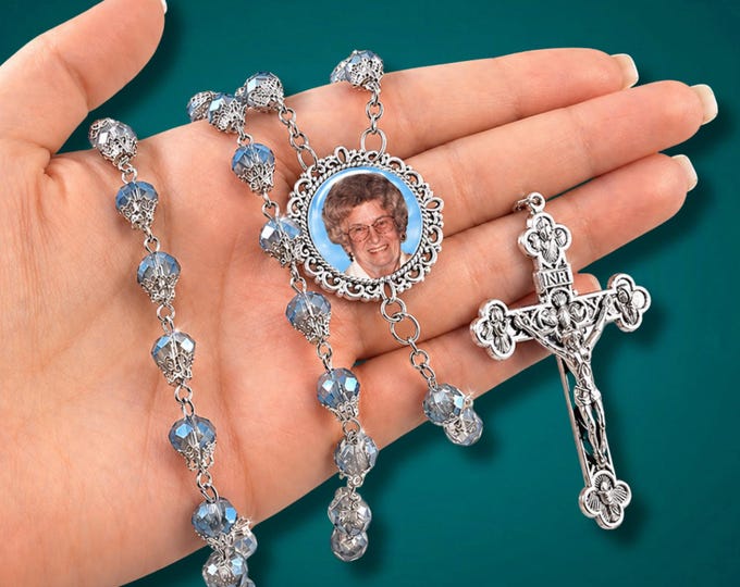 Elegant Light Blue Crystal Photo Rosary Beads - Religious Catholic Prayer Beads - Memorial Beads - Custom & Personalized with Your Picture