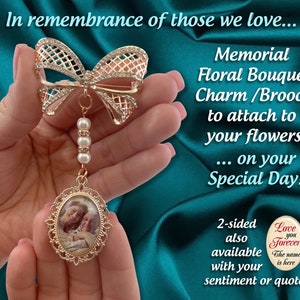 Photo Wedding Bouquet Charm includes Elegant Brooch & Pearls, Personalized with your Picture, In Memory of Memorial Keepsake for Bride