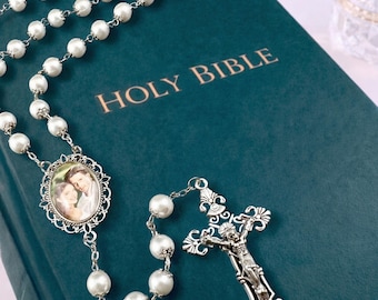 Personalized Photo Rosary Beads, Elegant WHITE -Silver Crowns,  for Weddings, Quinceañeras, Sacraments, Memorials, 2- Sided