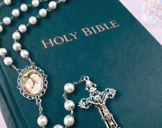 Personalized Photo Rosary Beads, Elegant WHITE -Silver Crowns,  for Weddings, Quinceañeras, Sacraments, Memorials, 2- Sided