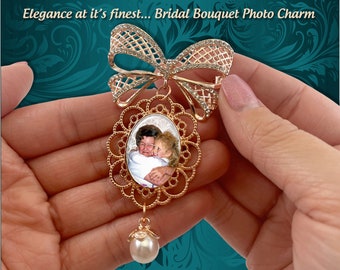Photo Bouquet Keepsake, Bow Brooch with Lacy Charm and Pearl Accent, Personalized with Your Picture in Memory of a Loved One, for the Bride