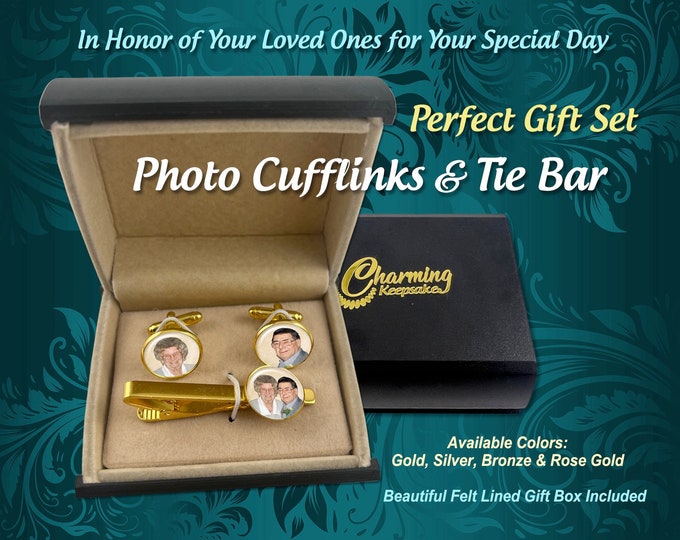 Custom Photo Cufflink Set with Matching Tie Bar for Weddings, Proms, Great Gift & Fathers of Bride, Groom, Fiance or Celebration of Life