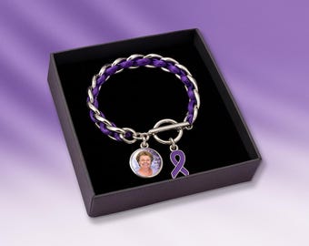 Purple Ribbon Memory Bracelet – Personalized Photo Keepsake for Alzheimer’s Awareness and Support