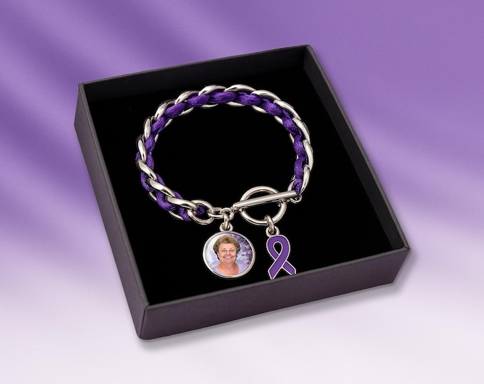 Purple Ribbon Memory Bracelet – Personalized Photo Keepsake for Alzheimer’s Awareness and Support