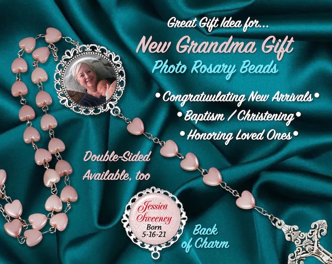 Pink Heart Rosary, Personalized Photo Rosary Beads, Quinceanera, Anniversary, Baptism- Custom Made with Your Picture, Memorial Remembrance