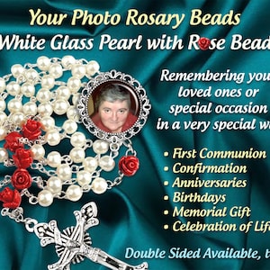 White with Red Roses Rosary Personalized with Your Photo, In Honor of or Memorial Remembrance Rosaries, Celebration of Life, Sacrament Gift