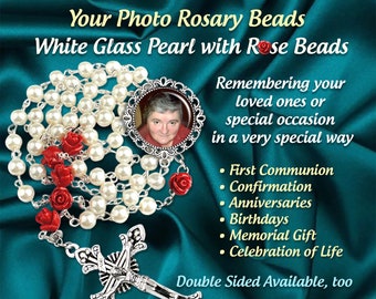 White with Red Roses Rosary Personalized with Your Photo, In Honor of or Memorial Remembrance Rosaries, Celebration of Life, Sacrament Gift